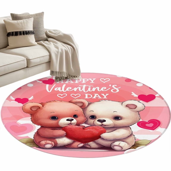 Happy Valentine's Washable Round Area Rug 3.3 ft, Day Bears Snuggling Up with Love Heart, Soft Non Slip Rugs Stain Repellent Indoor Felt Carpet for Living Dining Room Bedroom Home Office