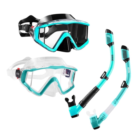 AEGEND 2 Pack Snorkeling Gear for Adults, Diving Mask with Anti-Leak Dry-Top Snorkel Set, Anti-Fog Panoramic Wide View with Mesh Bag for Swimming Travel, Light Bluye & Clear Green
