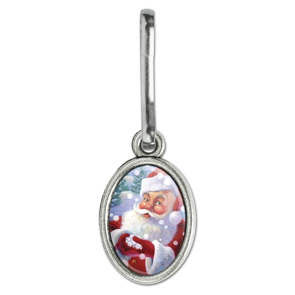 Christmas Holiday Santa Catching Snowflakes Antiqued Oval Charm Clothes Purse Suitcase Backpack Zipper Pull Aid