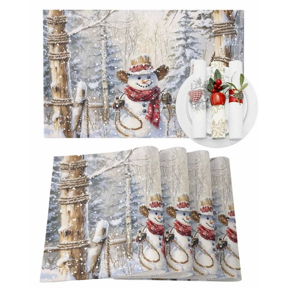 Christmas Placemats Set of 8 Western Cowboy Snowman Christmas Tree Snow Scene Heat Insulation Washable Place Mats, Rustic Non-Slip Table Mats for Dining Table Party Kitchen Decor,13x19 Inch
