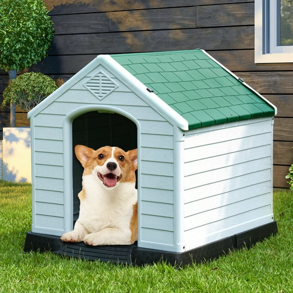 Dextrus Large Plastic Dog House Outdoor Indoor Dog Puppy Shelter Water Resistant with Air Vents and Elevated Floor,Spacious and Durable(28.5''L*26''W*28''H, Green)