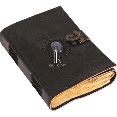 Inari Kraft 3 Moon Blue Lapiz Embossed Vintage Leather Journal | 240 Pages of Antique Handmade Deckle Edge Vintage Paper Black Leather Sketchbook Drawing Journal Great Gift -5/7