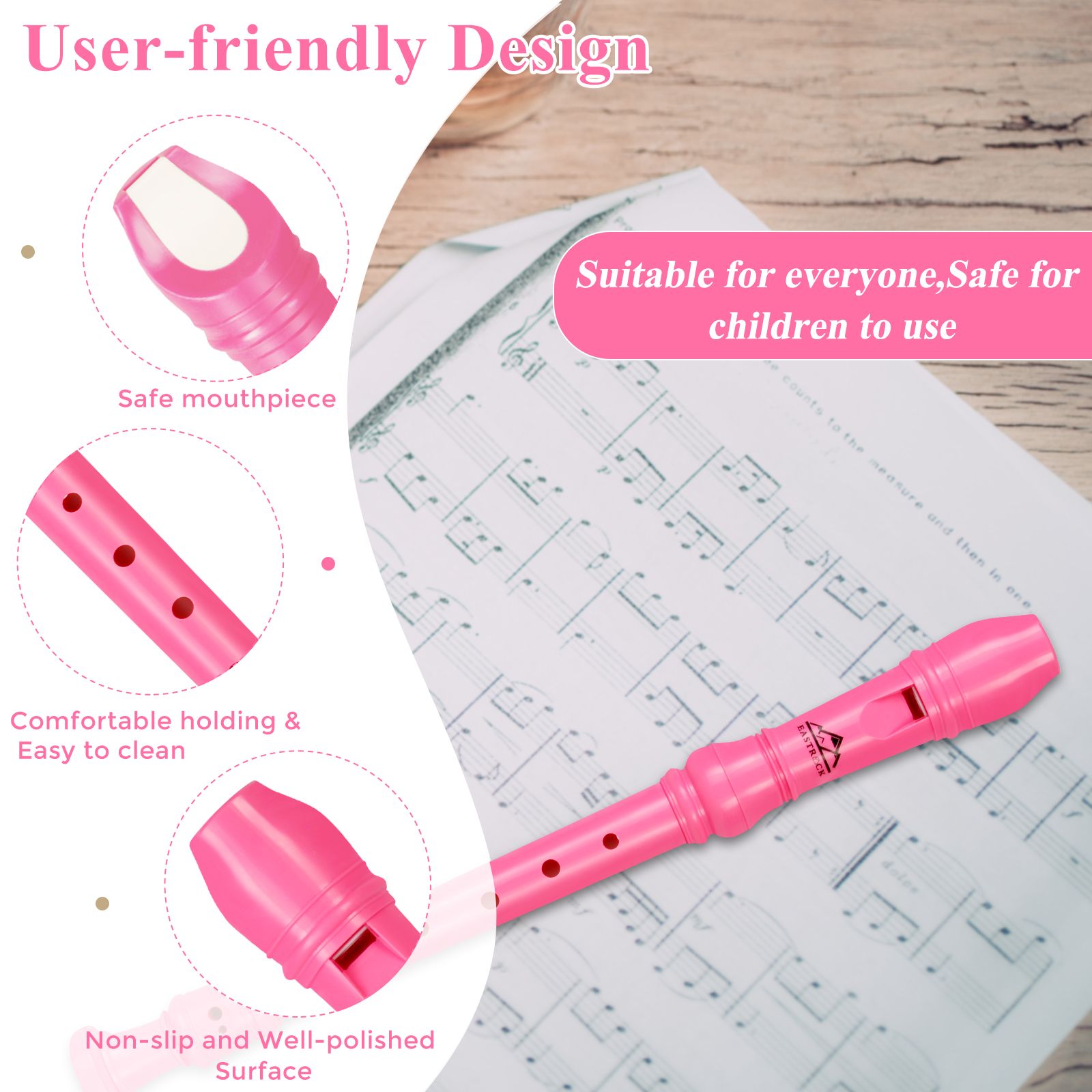 EastRock Soprano Recorder Pink with Cleaning Rod photo 6