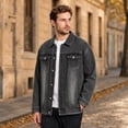 thumbnail image 2 of Fengqque Men's Long Sleeve Vintage Washed Denim Jacket, Lapel Collar Button Down Loose Fit Coat with Chest Pocket Gray S, 2 of 5