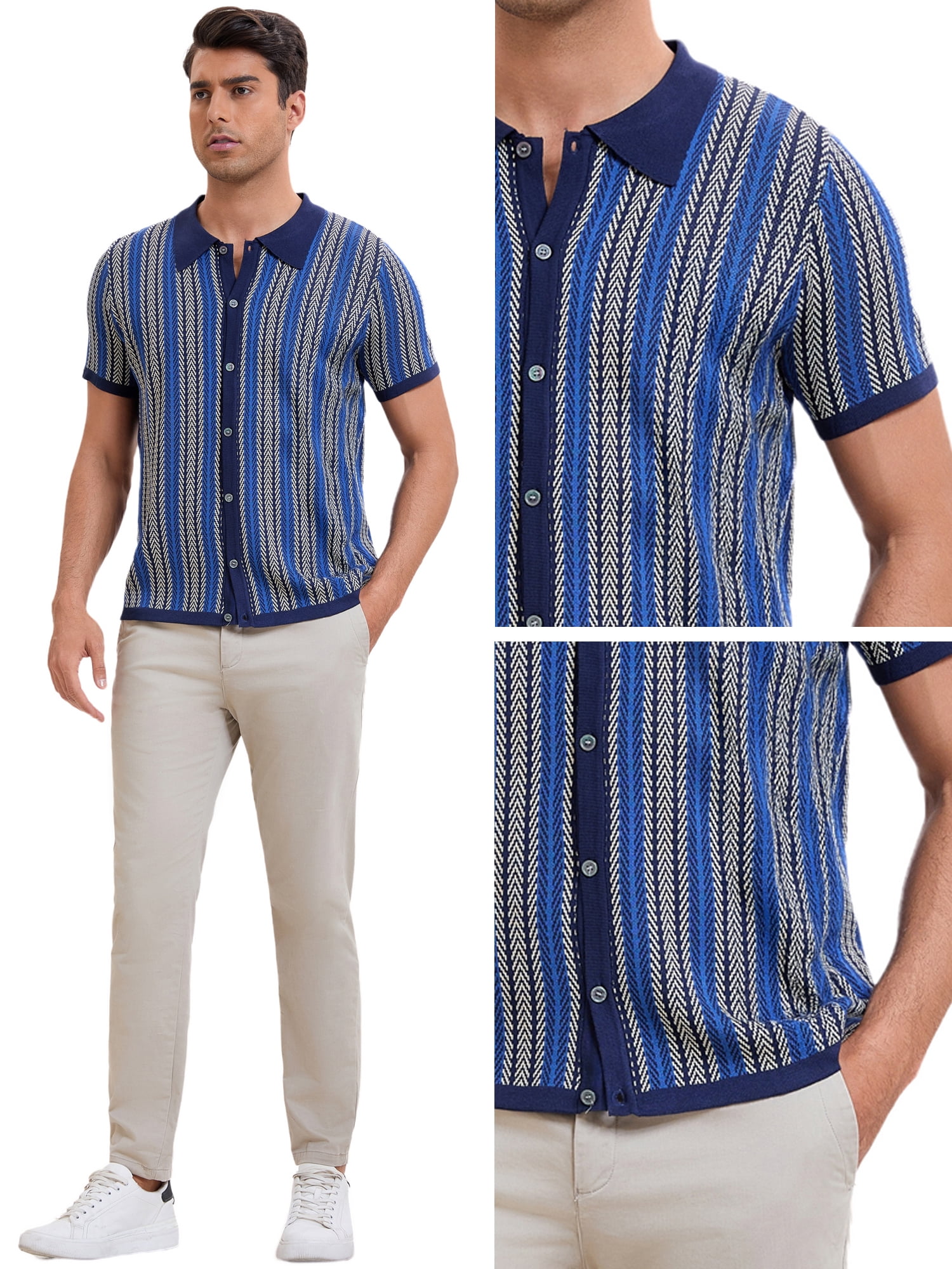 DARING DIVA Men's Striped Short Sleeves Button Down Jacquard Polo Shirts L Dark Blue
