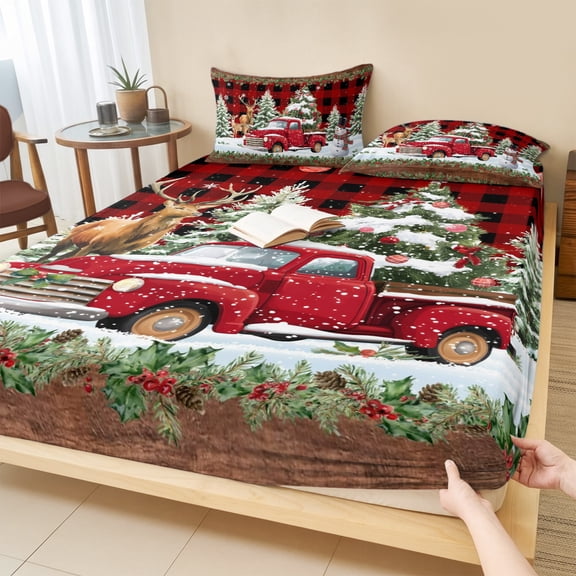 Queen Size Fitted Sheet Set - Christmas Truck 3 Piece Bedding Sets 16" Deep Pocket Fitted Sheet with 2 Pillowcases, Farmhouse Xmas Tree Red Buffalo Plaid Brushed Microfiber Hotel Luxury Bed Sheets