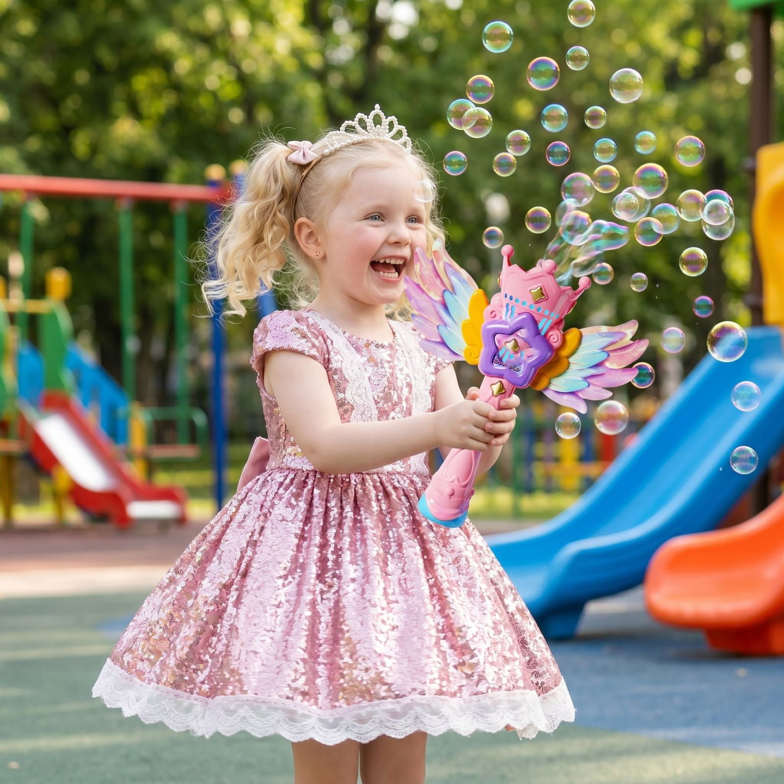 Magic Wings Bubble Wand with Music and Lights, Automatic Bubble Blower Machine, Battery Operated Fairy Princess Bubble Maker for Outdoor Summer Fun
