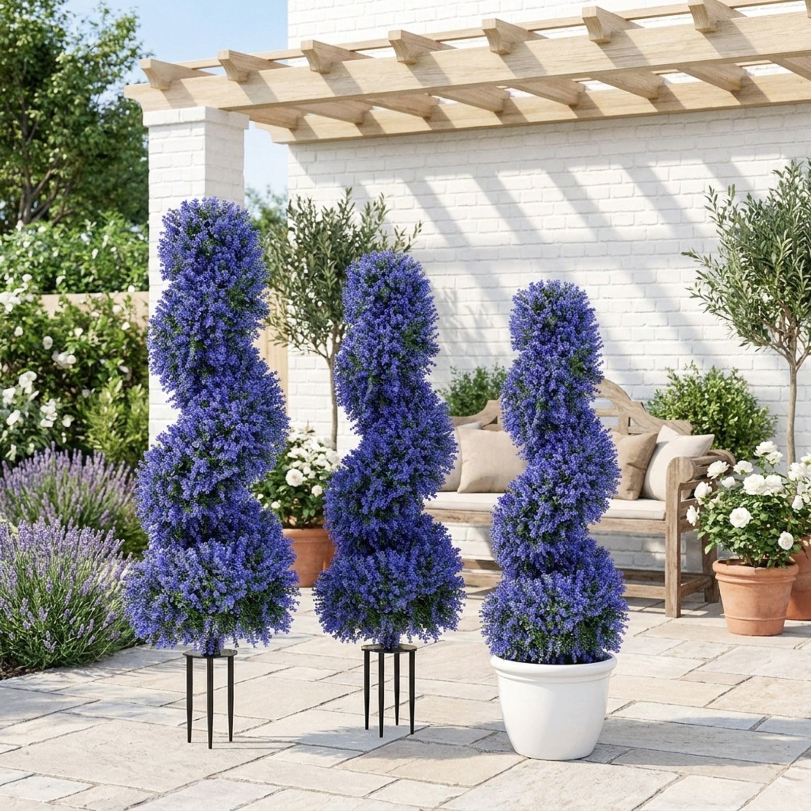 Vebreda Artificial Plant Decor, Set of 2 Artificial Spiral Topiary Trees with Sun Protection and Ground Spikes, Lifelike & Chic Design