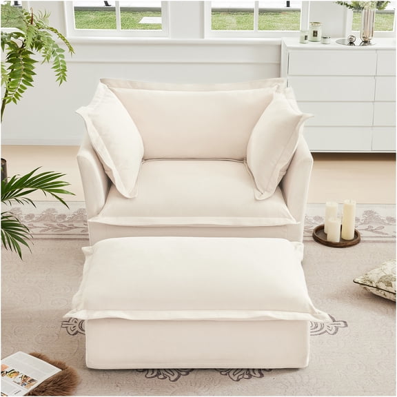 JERFIT Modern Chenille Accent Chair and Ottoman Set with Removable Slipcover, Plush Deep Seating Armchair for Living Room, Bedroom, Cream