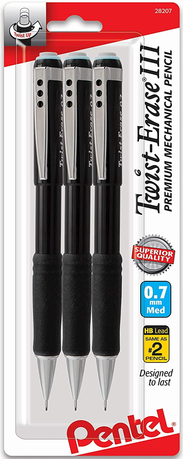 Pentel Mechanical Pencil Twist-erase III - 0.7 MM - 3 Pack - Black Barrels