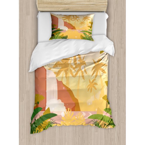 Garden Mist Duvet Cover Set Twin Size, Pastel Tropical Paradise Cartoonish Landscape with Exotic Trees and Waterfall, 2 Piece Bedding Set with 1 Pillow Sham, Multicolor, by Ambesonne
