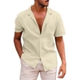 thumbnail image 1 of BOBOGOJP Men's Linen Shirts Slim Fit Short Sleeve Athletic Fit Solid Button Down Shirts,Beige L, 1 of 4