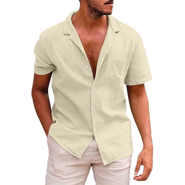 BOBOGOJP Men's Linen Shirts Slim Fit Short Sleeve Athletic Fit Solid Button Down Shirts,Beige L