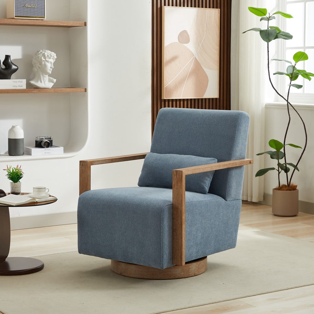 Swivel Accent Chair, 360 Degree Modern Upholstered Lounge Chair with Solid Wood Armrests, Linen Blend Fabric, Comfy Reading Chair for Living Room, Bedroom & Office, Blue