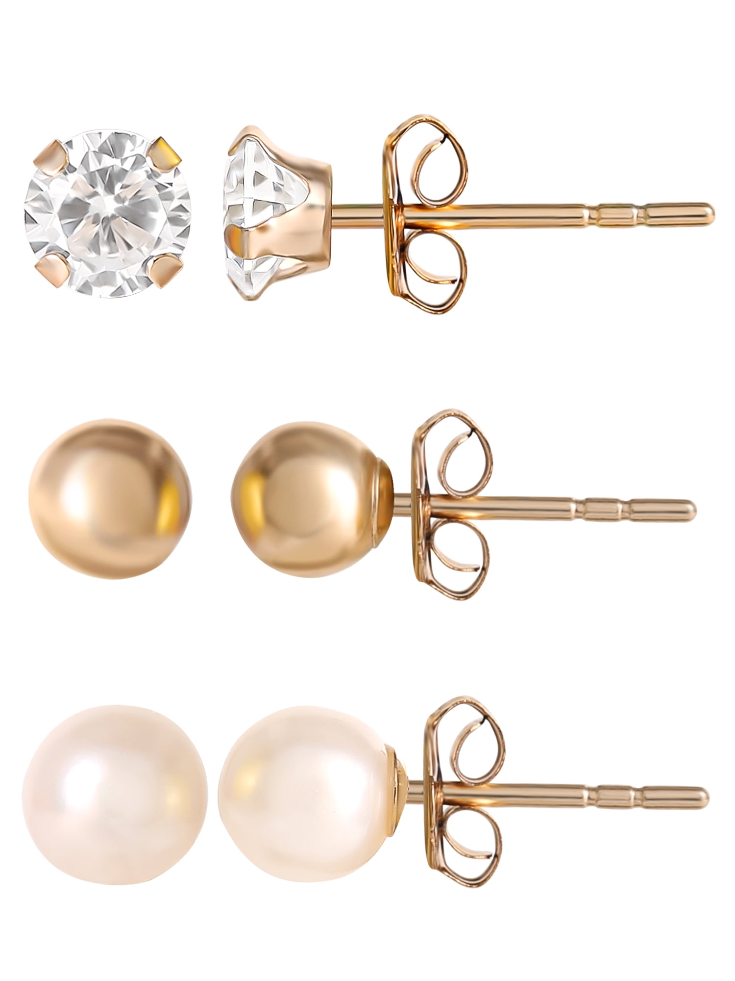 Brilliance Fine Jewelry Women's Pearl Stud Earrings, 3 Pairs, 14K Yellow Gold