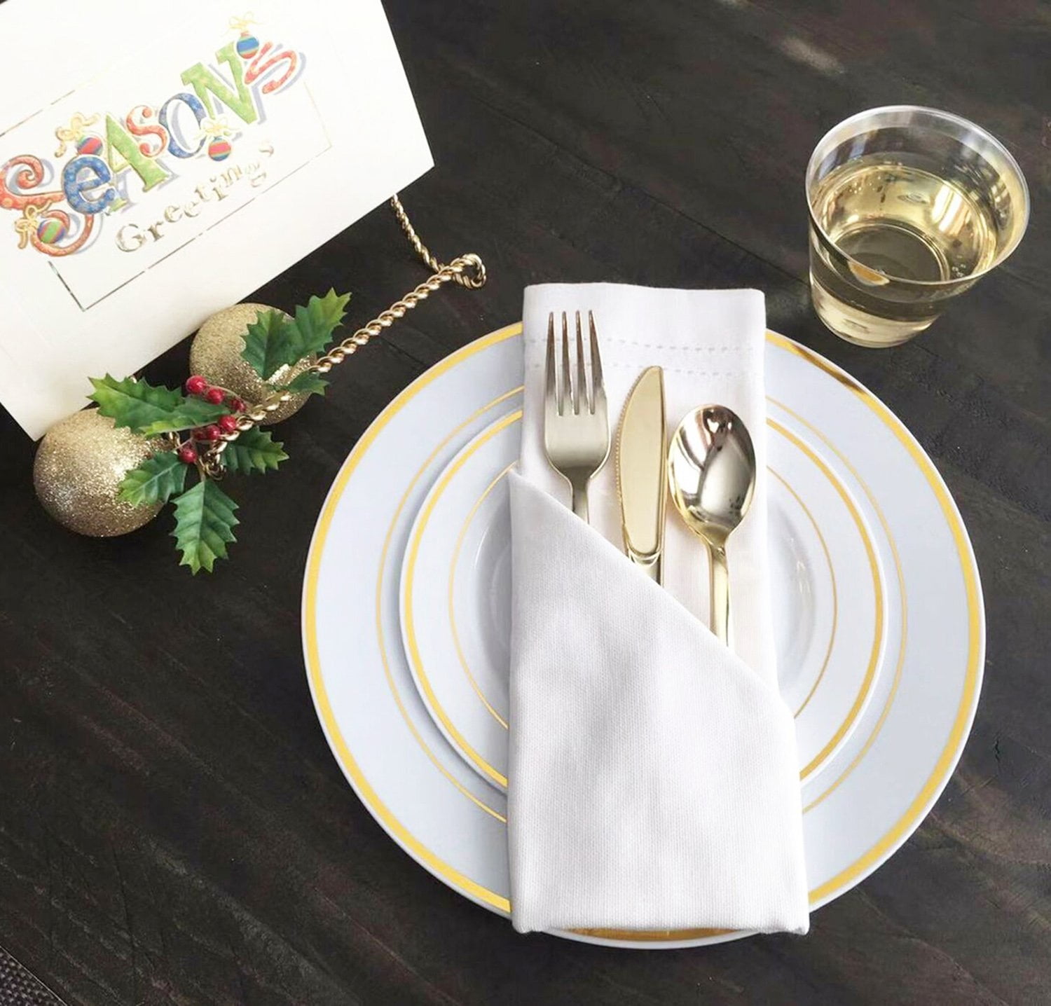 125 Piece Gold Plastic Plates & Cutlery Set - Reusable & Recyclable - Gold Rim Plates & Silverware for Weddings, Anniversaries, Parties, Showers- Dinner Plates, Salad Plates, Utensils, 25 Each
