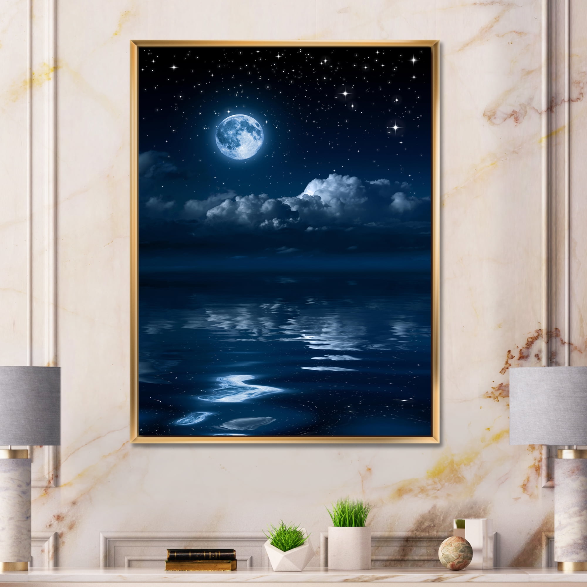 Designart 'Full Moon Night in Cloudy Sky I' Nautical & Coastal Framed Canvas Wall Art Print