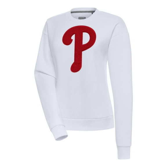 Women's Antigua White Philadelphia Phillies Victory Chenille Pullover Sweatshirt