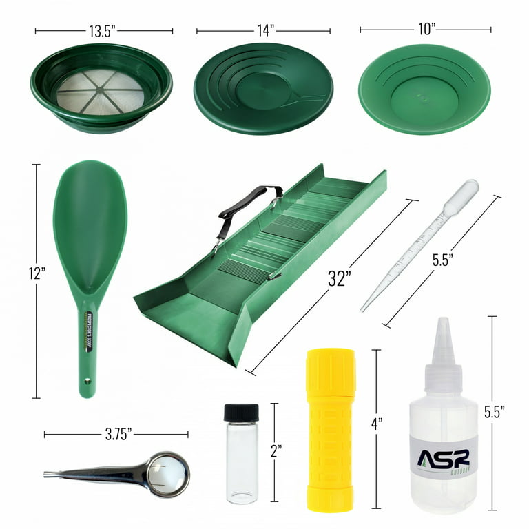 14 Piece Gold Pan Panning Kit - Sluice Box; Classifiers; Pans; Tweezers;  Vials