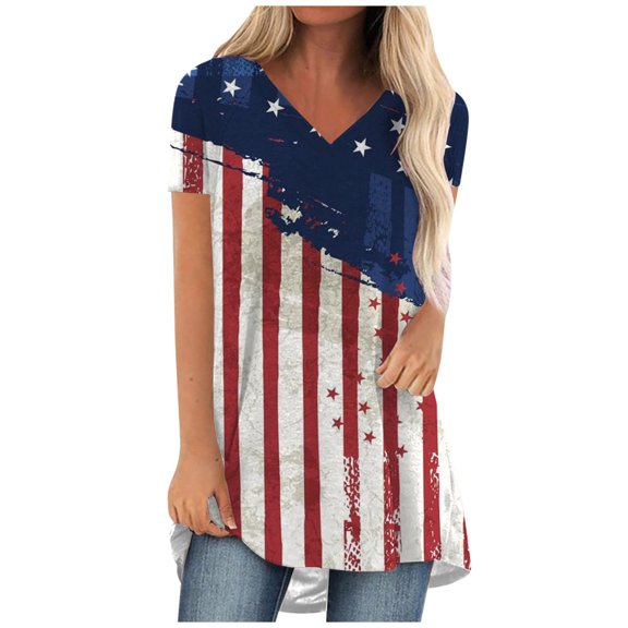 OAVQHLG3B 4th of July Outfits for Women American Flag T Shirt V Neck Patriotic Shirts Printing Short Sleeve Tops