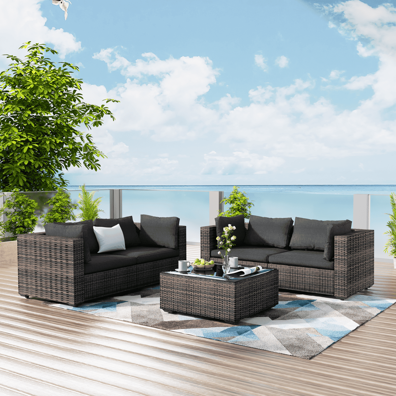 TANGJEAMER 5 Piece Patio Furniture Set, All Weather Outdoor Sectional PE Rattan, Patio Conversation Sets with Cushions and Glass Coffee Table for Garden Lawn Balcony Porch Deck, Black