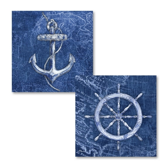 Blue and White Nautical Captain's Wheel and Anchor Adult Beach Decor; 2 - 12" x 12" Unframed Posters