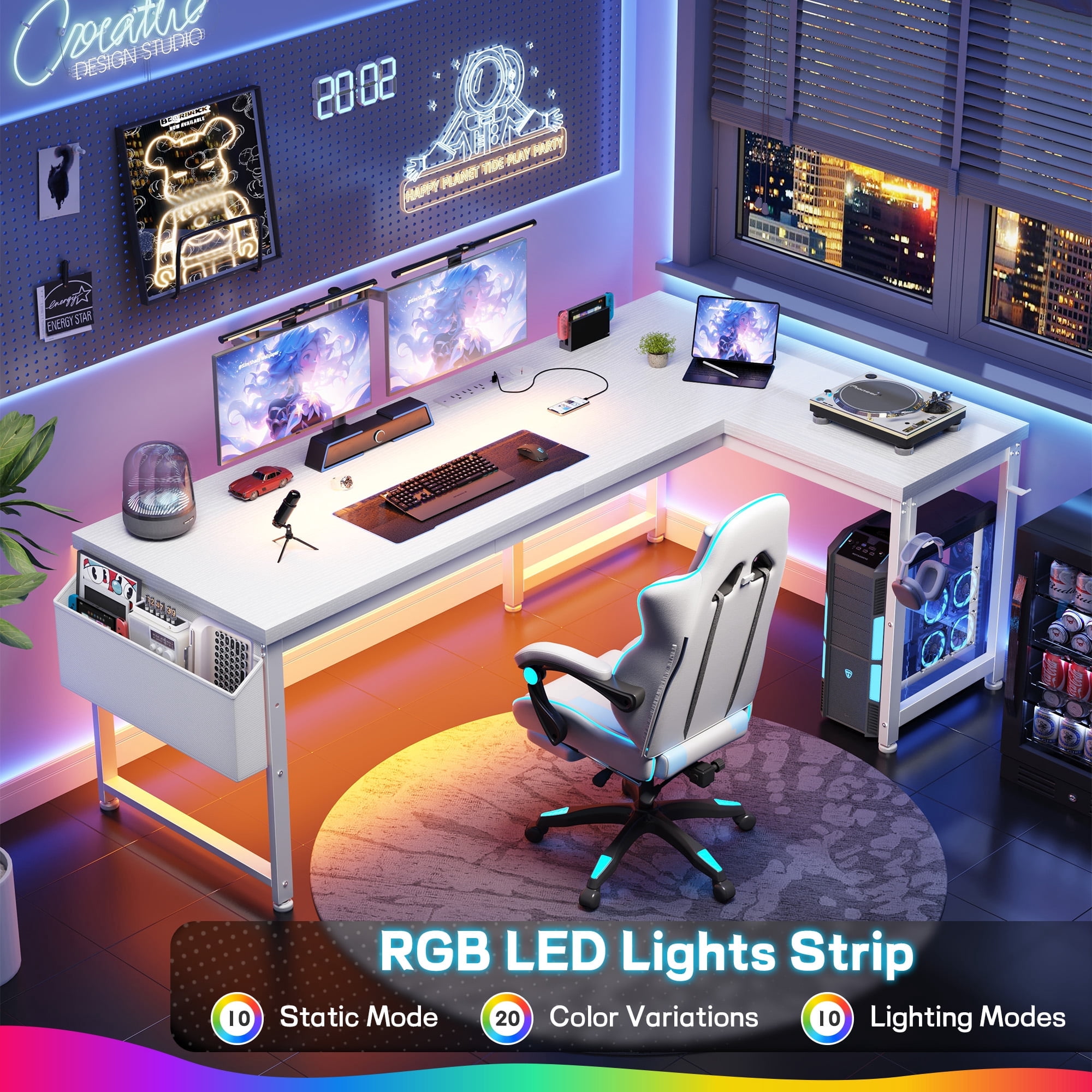 EnHomee Computer Desk with Storage Reversible Gaming Desk with Outlets L-Shaped Desk with LED Lights,White