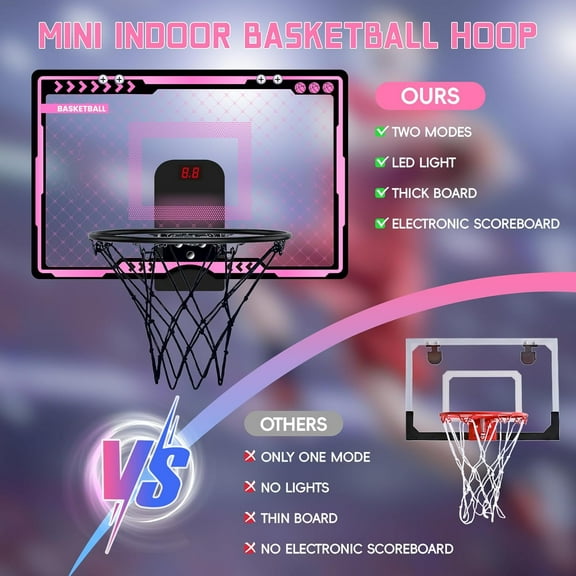 Pink Indoor Basketball Hoop with Scoring & LED Light - Foldable Door Basketball Toy for Kids Aged 4-8  Years