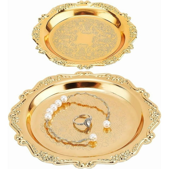 2pcs Gold Jewelry Decorative Tray Metal Jewelry Dish Trinket Dish Round Small Jewelry Storage Tray for DIY Perfume Candle Holiday Party Home Wedding Decor 3.9" 5.9"