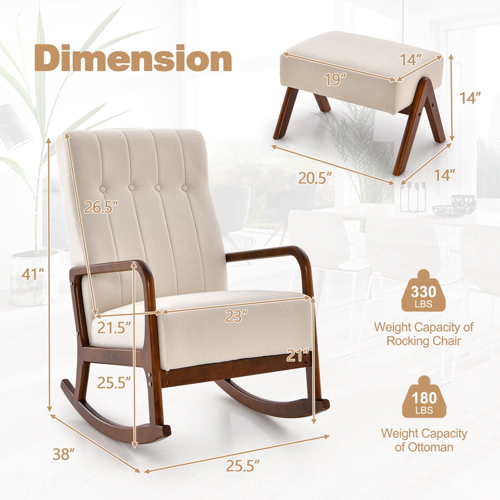 Amijoy Nursery Rocking Chair w/ Ottoman, Upholstered Rocker Chair w/ Footrest, Stable Rubber Frame & Tufted Backrest, Modern Rocking Chairs