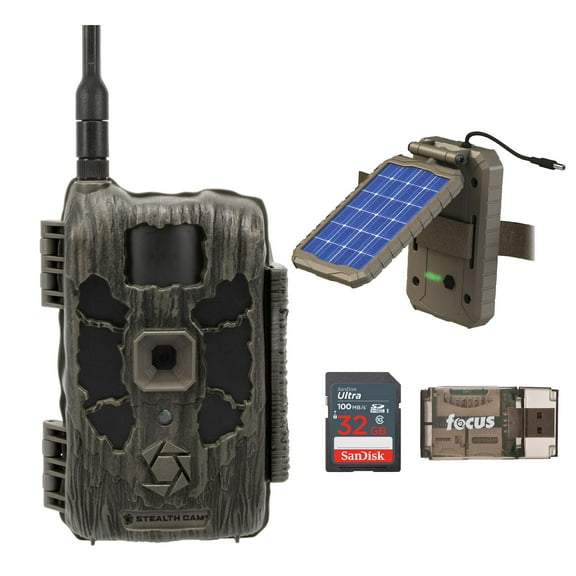 Stealth Cam 40MP Deceptor Max Cellular Trail Camera with 0.4-Second Trigger Speed Bundle with Stealth Cam Lithium Solar Power Panel, 32GB Ultra SDHC UHS-I Memory Card, and Card Reader (4 Items)
