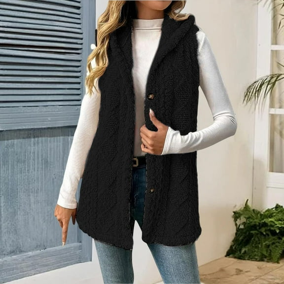 Sherpa Jacket Women Sleeveless Fuzzy Vest with Hood Plus Size Soft Warm Outerwear Button Fall Winter Coats Black L