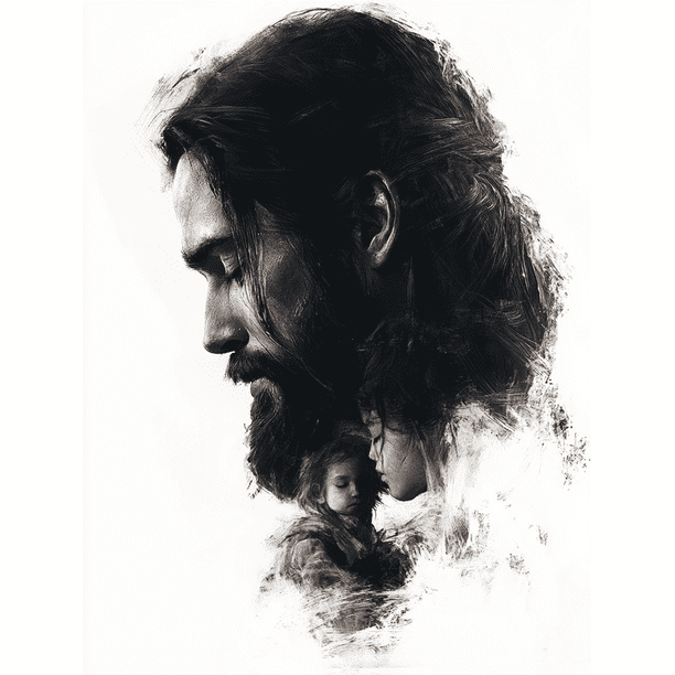Qisvanset 12x16 Inch Jesus And Children Canvas Wall Art, Boho Bible Sketch Modern Religious Home Decor