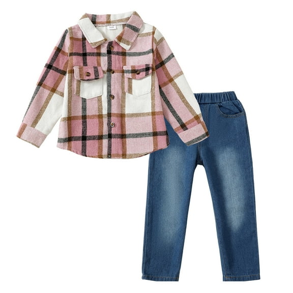 4T Baby Boys Clothes 5T Boys Fall Winter Denim Pant Set Toddler Boys Long Sleeve Plaid Top Jeans Pants 2PCS Set Pink