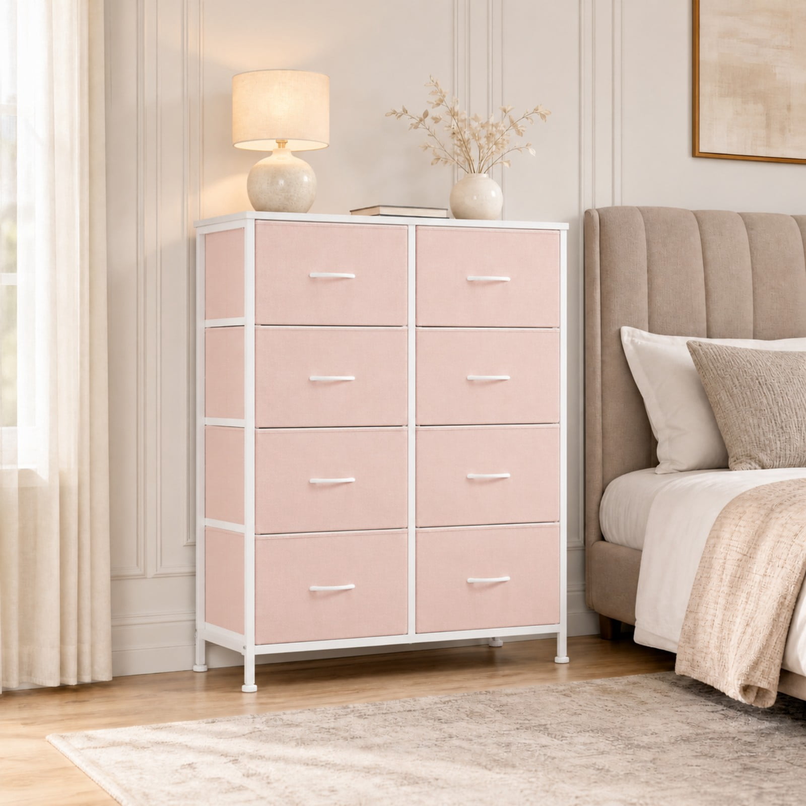 Telyra 8-Drawer Fabric Dresser Tall Storage Tower with Wood Top and Steel Frame Bedroom Closet Organizer, Pink