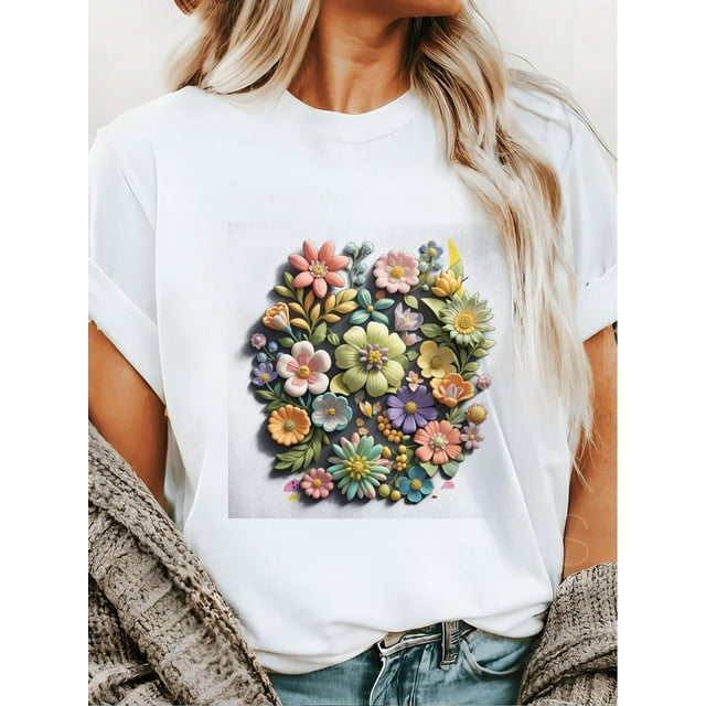 Flower Patterned Printed T-Shirt, Summer Short Sleeved Round Neck Top, Comfortable And Versatile For Daily Outdoor UseFather's Day, Mother's Day, New Year, Spring Festival, Valentine's Day, Independ