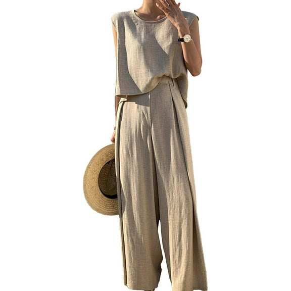 HLSOHJP Women's Linen Pants Suit Casual Sleeveless Tank Top Flowy Wide Leg Trousers Two Piece Matching Set Lounge Outfit