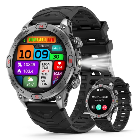 Men's Smart Watch with LED Flashlight | 1.43" AMOLED Display | Sports Watch for iOS & Android | Compass/Altitude, Fitness Tracker | Sleep Tracking, Multi-Sport Modes | Pedometer, Calories |