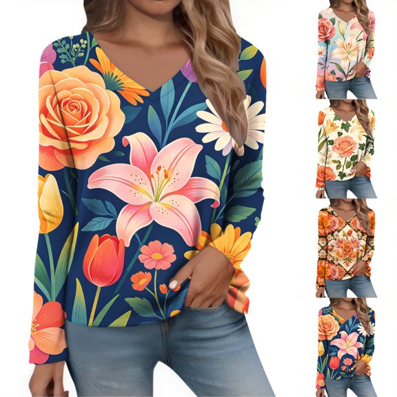 IMENGL Womens Long Sleeve Top Basic Fashion Spring Summer d V Neck Loose Casual Long Sleeve Shirts for Women,M-XXXL