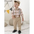 thumbnail image 6 of WESIDOM Boy Toddler Formal Clothes 0-18M Plaid Shirt Bowtie Suspender Pants  Hat Cotton Fabric 4PCS, 6 of 14