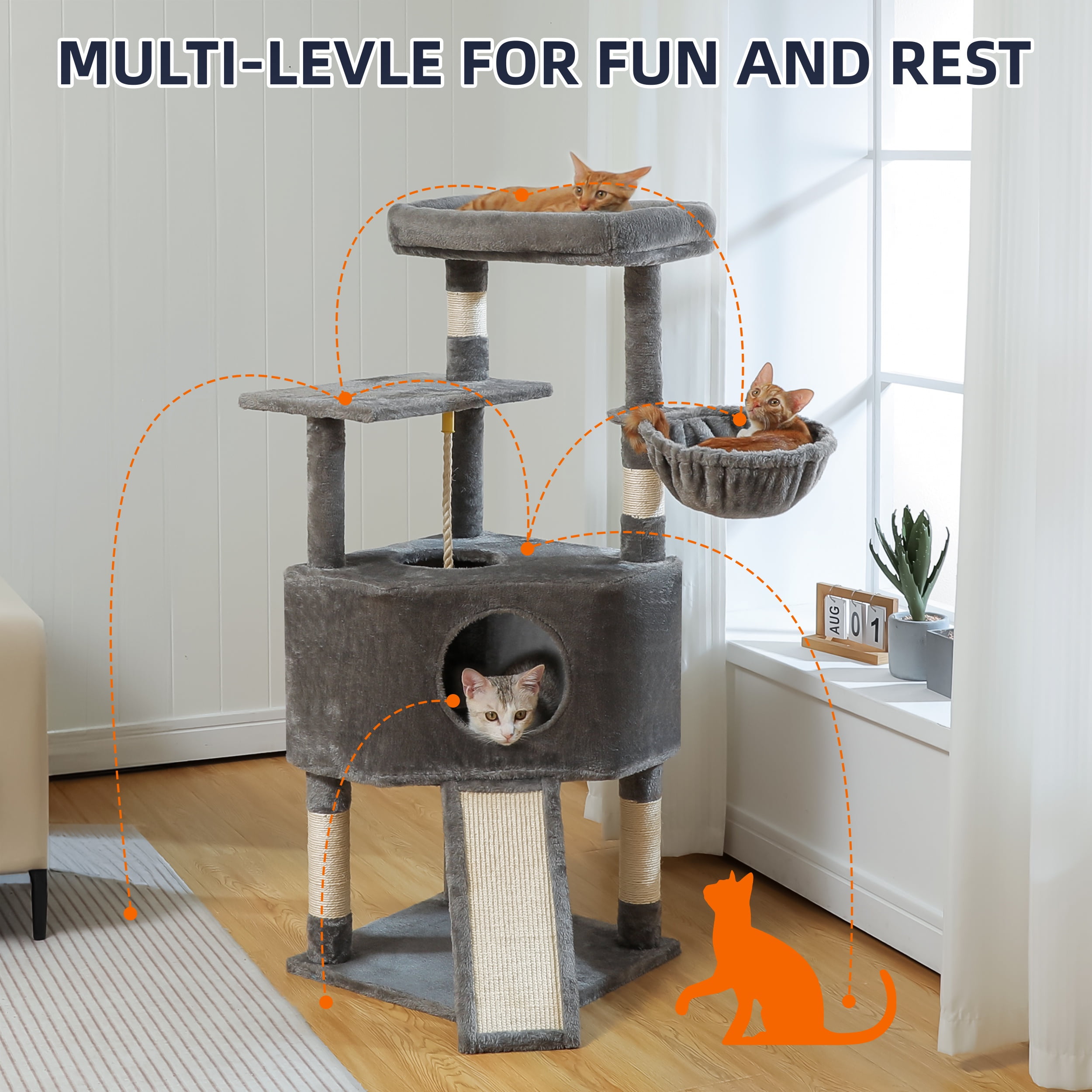 Vibrant Life 50inch Cat Tree Tower with Large Condo and Perch for Indoor Cats, Gray