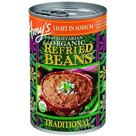 Amy's Organic Refried Beans Canned, Traditional Beans Light in Sodium, Vegan. Gluten Free and Vegetarian, 15.4 Oz