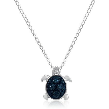 Teeny-Tiny Blue Diamond Turtle Pendant in Sterling Silver on a 17in.