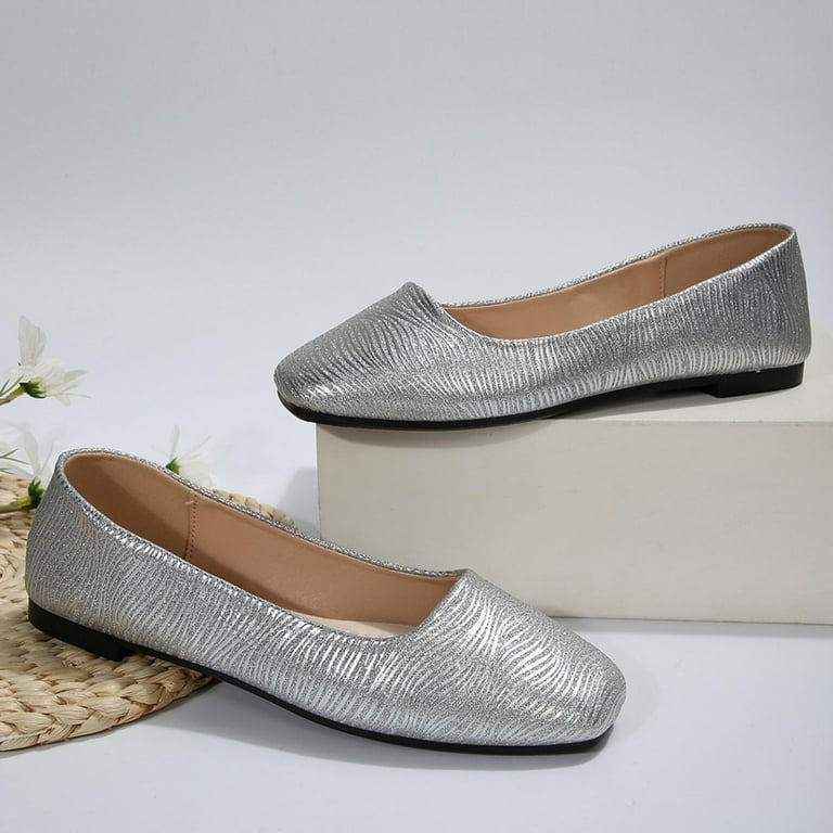 PLLFRLRT Ballet Flats Shoes for Women Square Toe Comfortable Dressy Slip on Flats Dress Shoes Casual Flat Shoes Wide Width Gold Silver