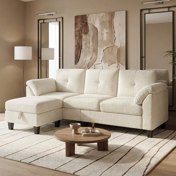 79" Sectional Sofa Beige Chenille L Shaped Small Couch with Armrest Pillows,Storage Ottoman,4-Seat Couches for Living Room,Apartment,Bedroom