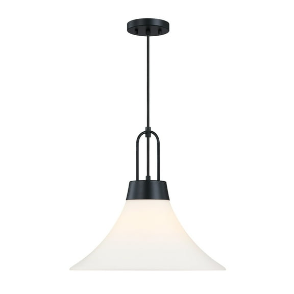 Evergreen Oasis 60 Watt 1-Light Matte Black Down Pendant Light with Etched Opal Glass Shade