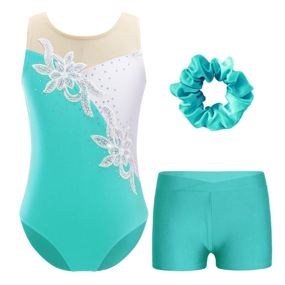 Alvivi Justaucorps de Gymnastique Sans Manches pour Filles, Haut de Danse Ballet avec Short et Ensemble de Couvre-Chef Bleu Vert 16
