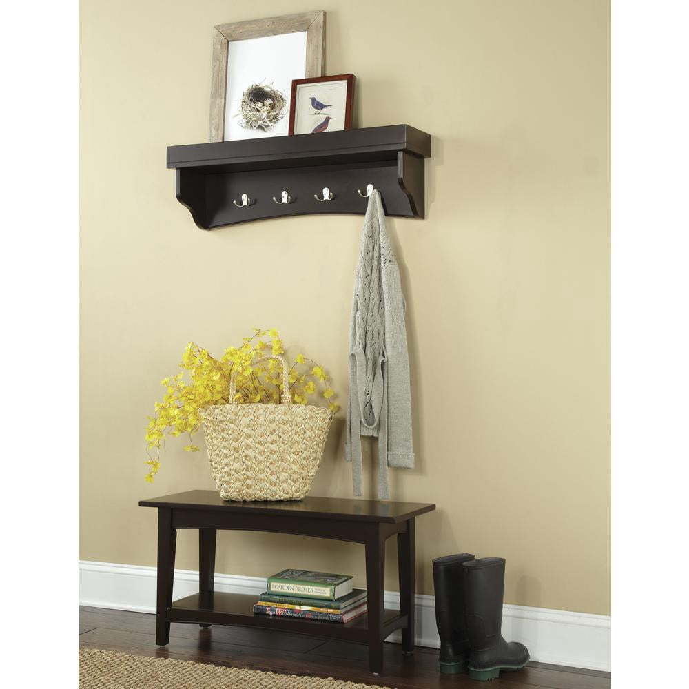 Alaterre Shaker Cottage Bench/Coat Hooks with Tray, Chocolate