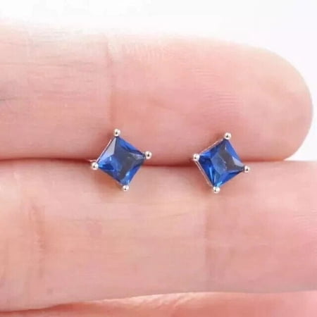 Gaspara solitare Stud Earrings 925 Sterling Silver Princess Blue Sapphire