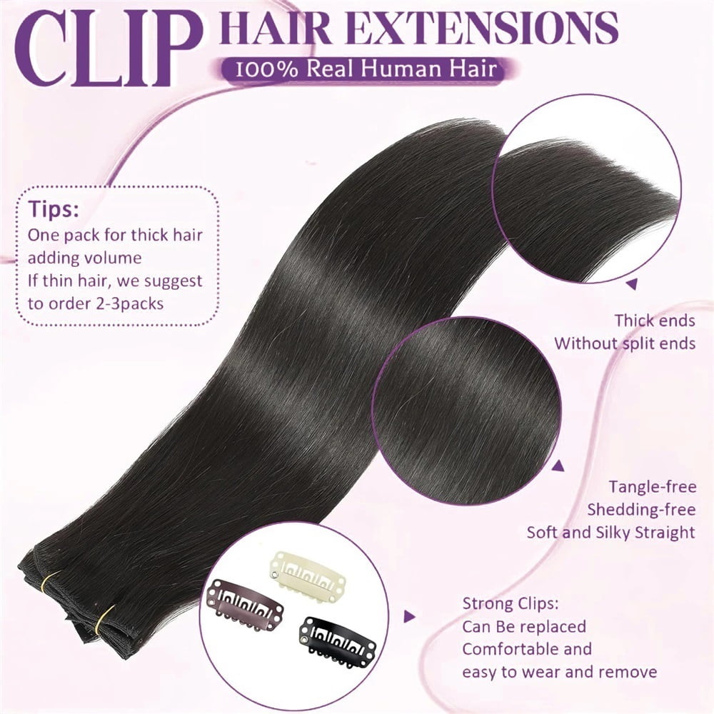 Real Human Hair Invisible Straight Seamless Clip On Hair Extensions 8pcs With 18 Clips Double Weft Hair 120g